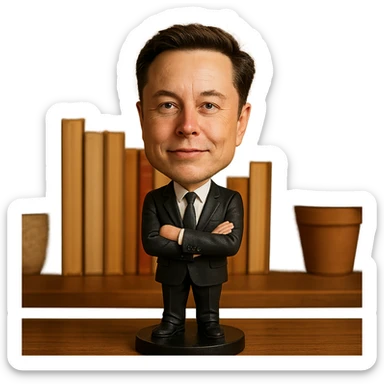 realistic features bobblehead of Elon Musk wearing a suit and tie sticker