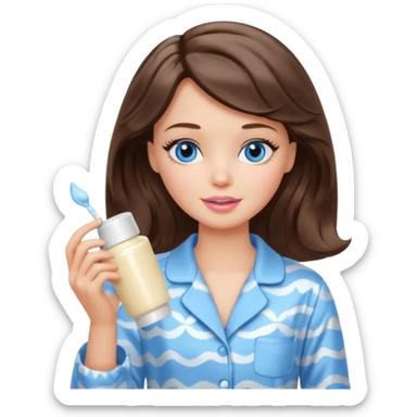 Barbie girl with makeup, blue eyes , and bob long haircut wavy, short brown hair in creamy color pajamas, face cream in hand sticker