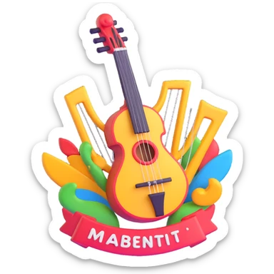 A 3D emoji featuring a central lyre emblem encircled by dynamic, multicolored shapes and symbols representing different arts, with the text "МБУ центр досуга" incorporated, in the style of Microsoft's 3D Fluent Emojis. sticker