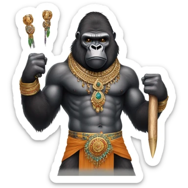 male gorilla with indian male jewellery and  indian traditional wear, holding a  huge weapon, humanoid, holding another  huge weapon  sticker