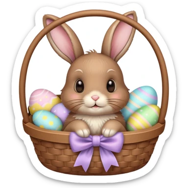 Floppy-eared fluffy brown bunny with a bow, sitting in a pastel Easter basket sticker