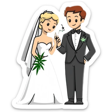 Bride in white dress and groom in tuxedo sharing a cannabis joint, cheerful cartoon wedding couple sticker