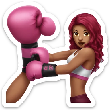 Beautiful tattooed  burgundy long haired woman boxing with pink gloves sticker