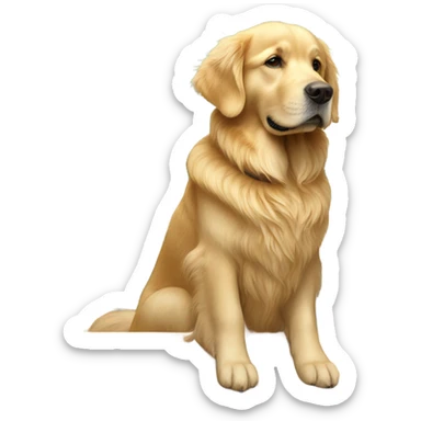 golden retriever sitting at a school desk sticker