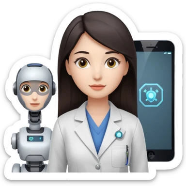 female AI robotics engineer with dark hair, and mobile robot near sticker