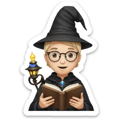 ["A happy boy with light skin, ponytail, wearing a wizard hat and square glasses, dressed in goth fashion, is reading a book while holding a phone."] sticker