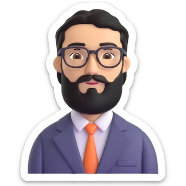 man with medium black beard, black hair, connected unibrow, olive tan skin, brown eyes, glasses, prominent long nose, wearing a professional business suit sticker