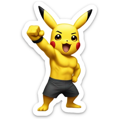 Pikachu cheering a white bold bodybuilder in training  sticker