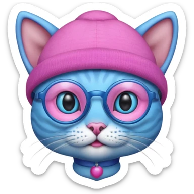 blue alien cat with no fur, pink hat  and spectacles sticker