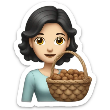 White girl with black and small hair holding a basket of walnuts sticker