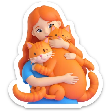 girl with long hair hugging an orange cat sticker