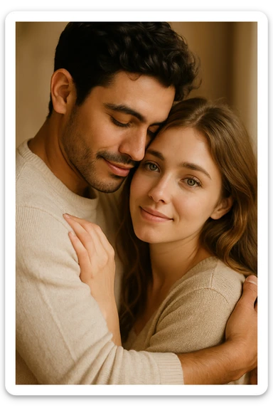 romantic hug, Latin male with dark hair, female with green eyes, gentle and loving atmosphere, warm and affectionate scene sticker