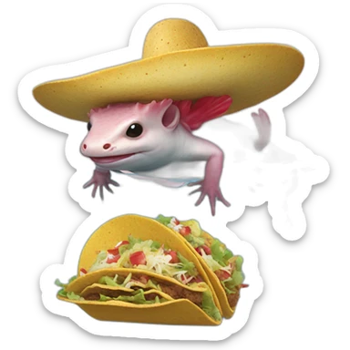 An axolotl on the head of an otter and a tacos sticker