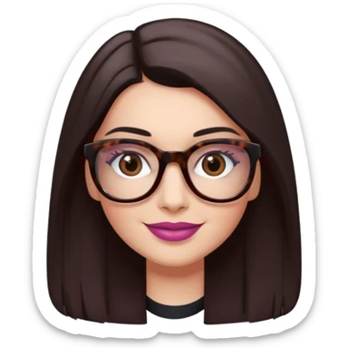 White woman with long straight dark brown hair parted in the middle, dark Brown eyes, light tortoiseshell framed glasses (no pink colour). The lips have soft dark old pink coloured lipstick, and lith smile (no teeth showing). No shaddow make-up in the eyes. sticker