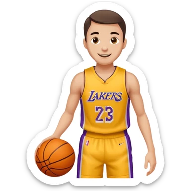 Joven con color de piel claro con uniforme de basquetball laker sosteniendo una pelota de basquet sticker