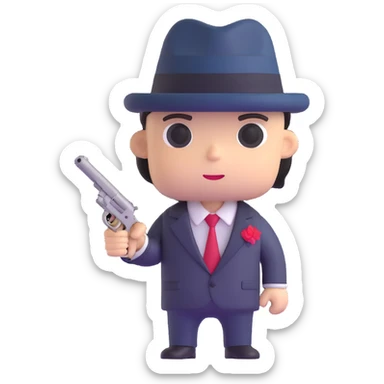 adorable mafia character with suit and tiny gun sticker