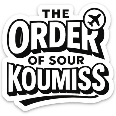 A retro 90s logo for 'The Order of Sour Koumiss' with bold typography and a subtle travel-related icon, in black and white sticker