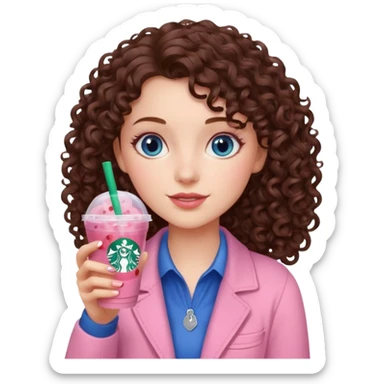 make an emoji of a curly brunette blue eye girl wearing light pink drinking a strawberry acai refresher from starbucks sticker