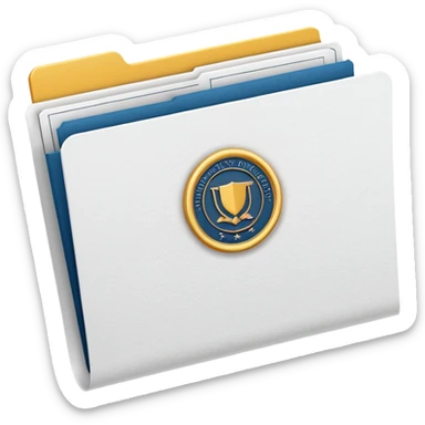 A simple emoji-style icon of a white textured paper folder, clean and formal, with sharp edges, minimal shading, and an embossed university degree/certification seal on the front, conveying academic achievement and official records. white white white  sticker
