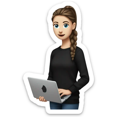 caucasian white IT girl student, holding laptop, blue eyes, dark brown hair ponytail wearing a thick black sweater sticker