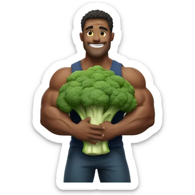 muscular man hugging large Brocolli  sticker