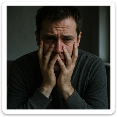 realistic man showing signs of anxiety, depression, and panic attack, suffering expression, closed posture or hands on face, intense and realistic atmosphere, clear and informative style sticker