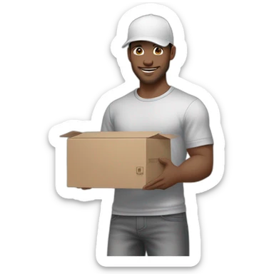 Pale skinned fit Man with dark brown hair in a white cap, gray jeans and gray polo T-shirt keeping a pasted box into his hands sticker