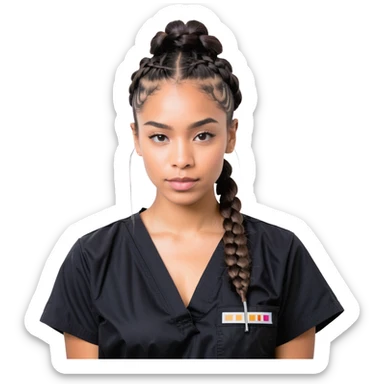 A 40-year-old Latina woman with light brown skin, working as a car mechanic, wearing all black mechanic scrubs, with two braids pulled back from her head sticker