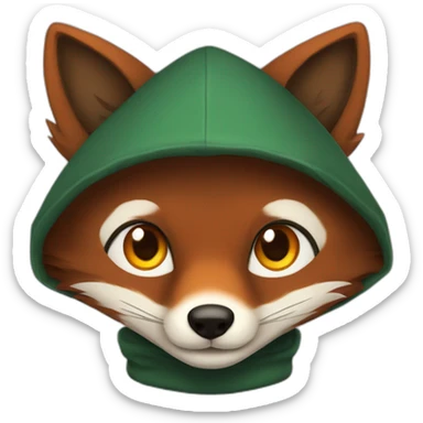 small dark brown fox with orange eyes and a dark green hood that smile sticker