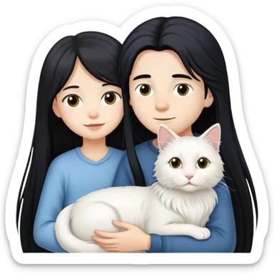 A young boy and a girl with long black hair holding a white long-haired cat sticker