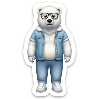 friendly anthropomorphised polar bear standing upright, looking chilled and unbothered, wearing a shirt, jeans, trainers, extravagant glasses sticker