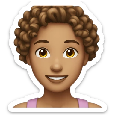 woman face, brown 2c curly medium length hair, light brown eyes, light skin, smiling sticker