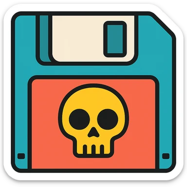floppy disc with a skull motif, color outline icon sticker