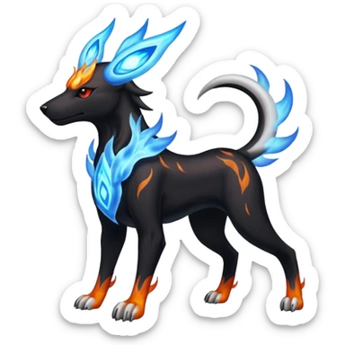 Fiery black and white blue flames solarpunky elemental colorful hot will-o-wispy Houndoom-Torracat-Genesect-Pokémon-Fakémon-hybrid-creature sticker