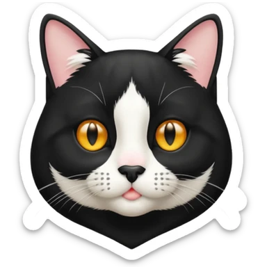 A tuxedo cat, top half body, a black mark near his mouth under the nose sticker