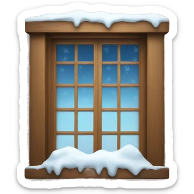 Window with snow and a cabin sticker