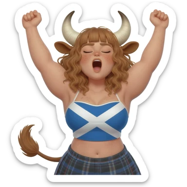 sleepy muscular hairy buff curly woman with frecles with light brown messy hair with straight bangs with brown cow tail with fat thights with cow horns and cow brown ears with extra large breasts dressed in crop top with scottish flag stretches her arms up and yawns eyes closed squints her eyes sticker