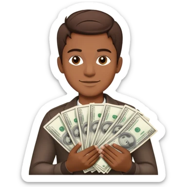 A confident young man with short brown hair, holding two thick stacks of cash in both hands. He has a smirking, successful expression. The money is detailed, with visible bills, and the background is minimalistic yet luxurious. sticker