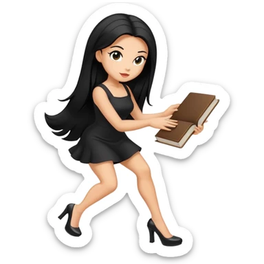 Bimbo in heels, black mini dress, long black hair tanned, hot, bending to pick up book from ground, hot,  only book.  sticker