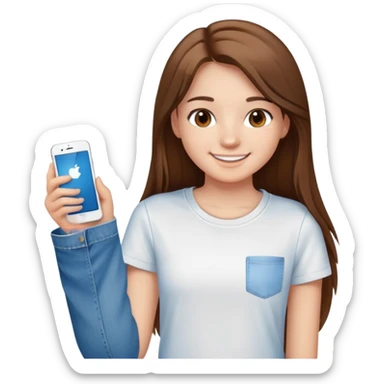 A 15 year old gear smiling with brown eyes, long brown straight hair, wearing a plain white t shirt, and blue jeans sticker