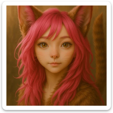 Change the hair to a lively pink color, preserving the realistic anime catgirl style and enhanced feline features, keeping the original artistic style. sticker