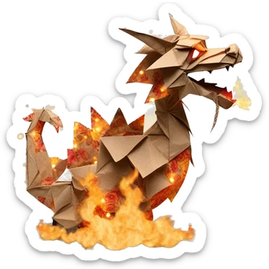 Charred flaming fiery Beige Origami dragon made of newspapers on fire letters on fire burnt paper surrounded by fairy lights swirls covered in dried flowers bokeh floral flowers fire flames sticker