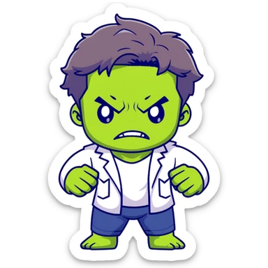 Chibi Bruce Banner transforming into Hulk, showing stages of transformation from nerdy scientist to green monster, cute big head style, adorable expression changing from worried to angry sticker