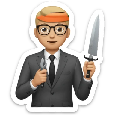 man with glasses wearing a suit and holding a knife sticker
