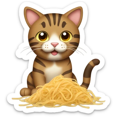 Brown tabby cat eating pasta sticker