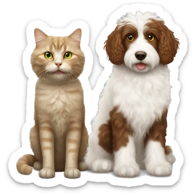 A fluffy cream-and-white cat with yellow-green eyes next to a curly brown Labradoodle sticker