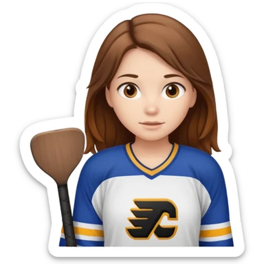 Girl sharks hockey fan with brown long hair holding a large blank sign sticker