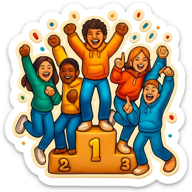 Change to a different pose and add confetti. Keep the group of five multi-racial people on a winners’ podium, no numbers, all in jeans and hoodies, excited, fun, expressive emoji style. sticker