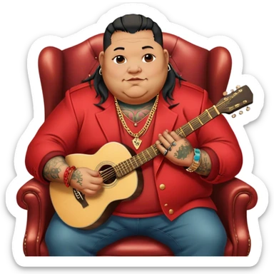 Icon for Chanson: Old fat chanson singer with tattoos, red jacket, gold chains and braslettes, sitting on a chair with an acoustic guitar. The atmosphere should reflect a nostalgic, soulful vibe with vintage elements. Transparent background. sticker