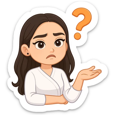 Create a chibi sticker of the girl from the reference image with long hair as shown. She has a questioning expression and gesture like 'what the heck?', in 3D bitmoji chibi style with a white outline and transparent background. sticker